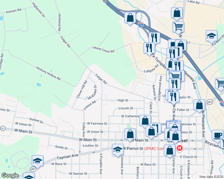 map of restaurants, bars, coffee shops, grocery stores, and more near 425 Felgar Road in Somerset