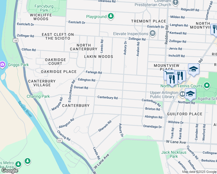 map of restaurants, bars, coffee shops, grocery stores, and more near 2484 Dorset Road in Columbus