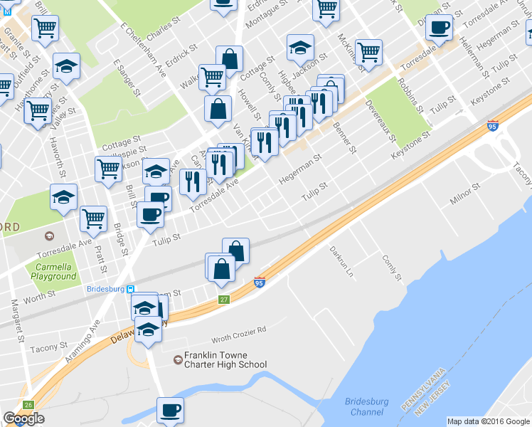 map of restaurants, bars, coffee shops, grocery stores, and more near 5710 Tulip St in Philadelphia
