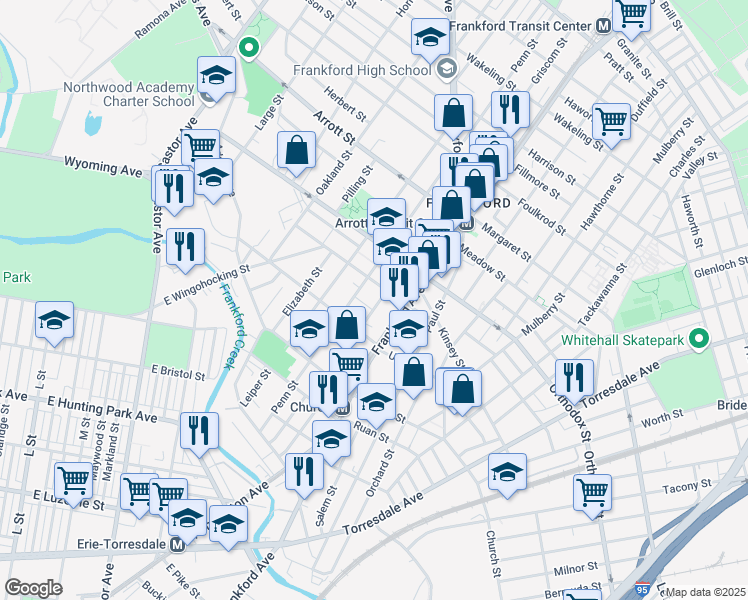 map of restaurants, bars, coffee shops, grocery stores, and more near 4450 Griscom Street in Philadelphia