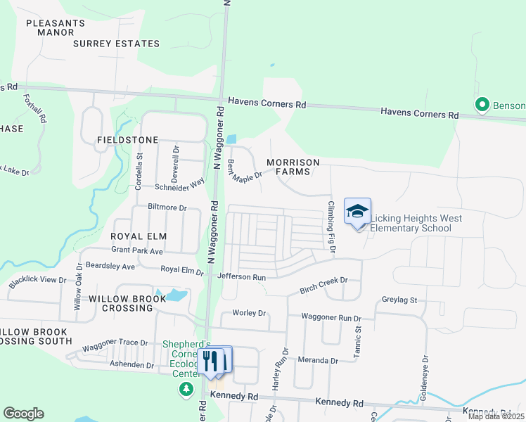 map of restaurants, bars, coffee shops, grocery stores, and more near 7786 Freesia Street in Blacklick