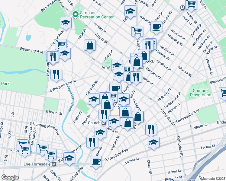 map of restaurants, bars, coffee shops, grocery stores, and more near 4450 Griscom Street in Philadelphia