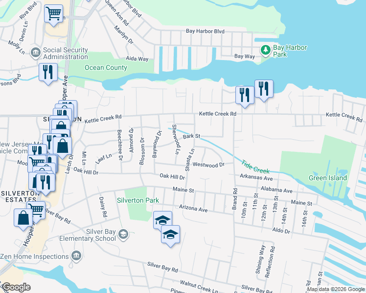 map of restaurants, bars, coffee shops, grocery stores, and more near 123 Sherwood Ln in Toms River