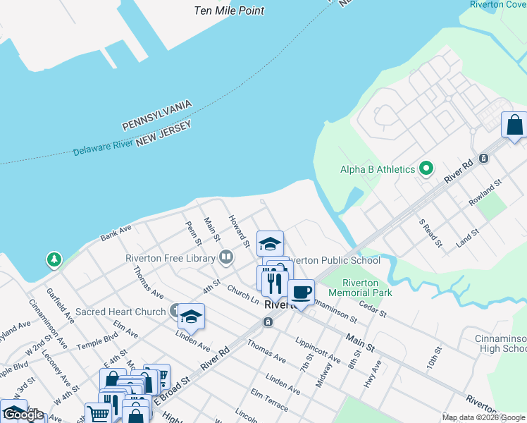 map of restaurants, bars, coffee shops, grocery stores, and more near 200 Fulton Street in Riverton