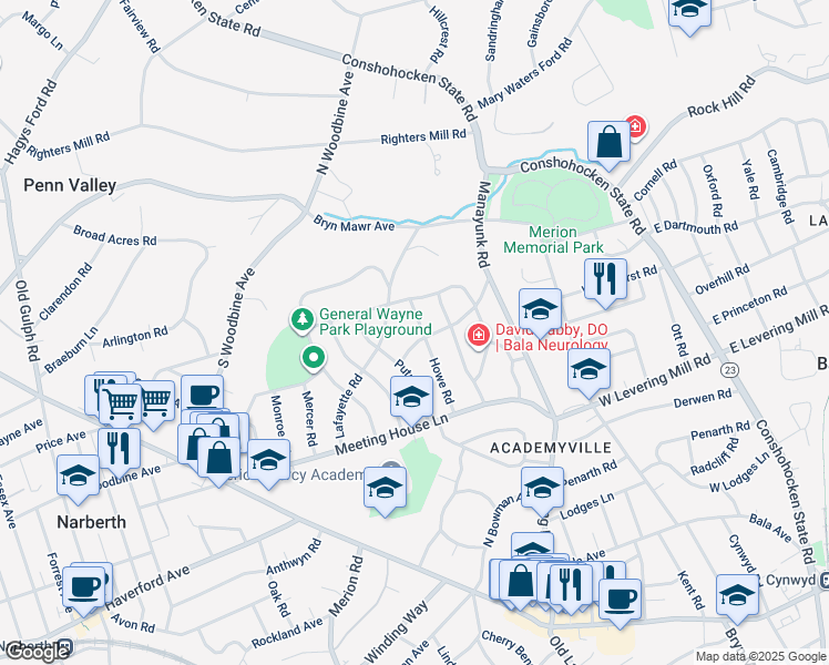 map of restaurants, bars, coffee shops, grocery stores, and more near 251 Standish Road in Merion Station
