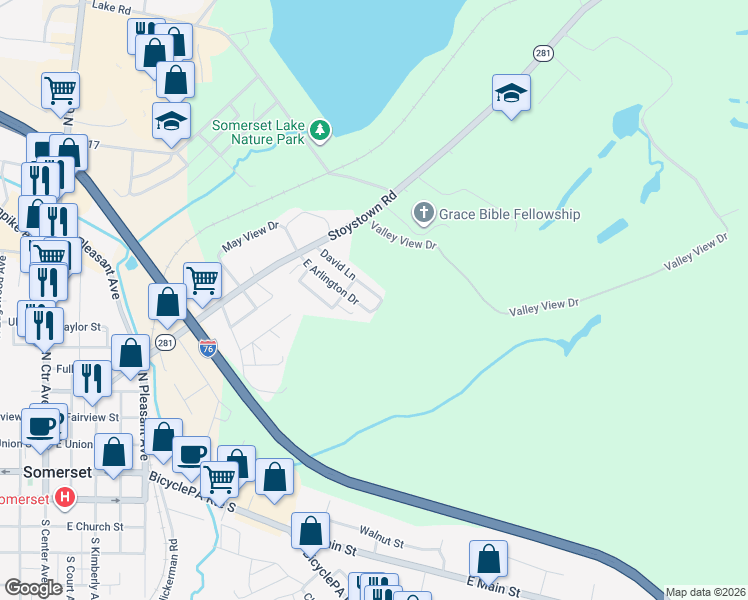 map of restaurants, bars, coffee shops, grocery stores, and more near 171 David Lane in Somerset