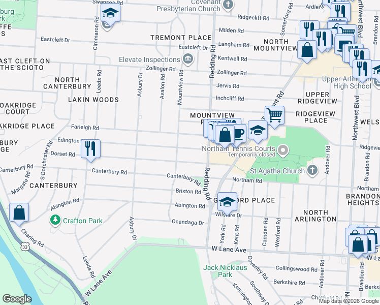 map of restaurants, bars, coffee shops, grocery stores, and more near 2233 Edington Road in Columbus