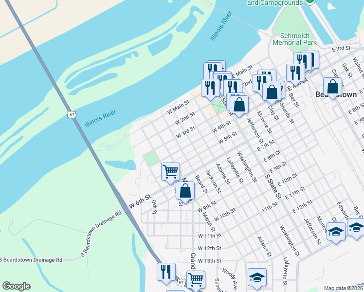 map of restaurants, bars, coffee shops, grocery stores, and more near 518 West 4th Street in Beardstown