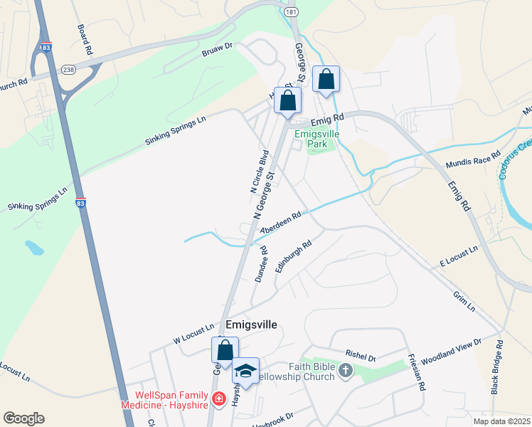 map of restaurants, bars, coffee shops, grocery stores, and more near 3137 North George Street in Emigsville