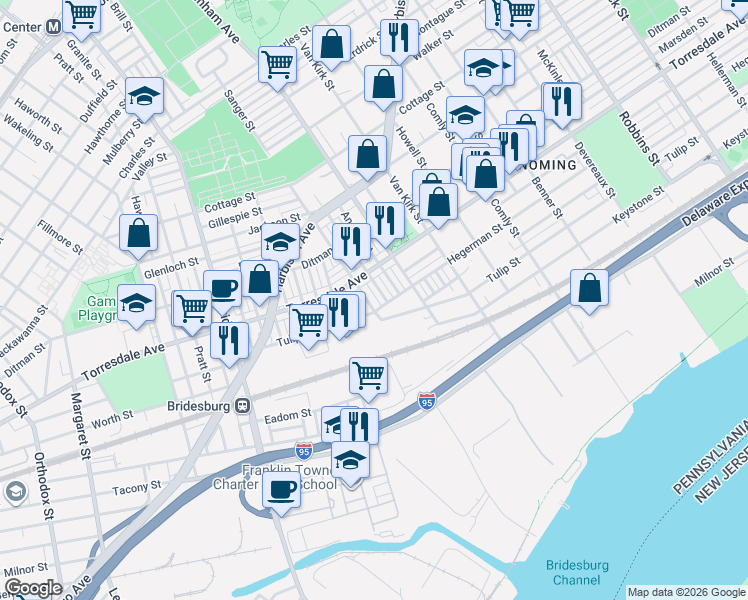 map of restaurants, bars, coffee shops, grocery stores, and more near 2132 Sanger Street in Philadelphia