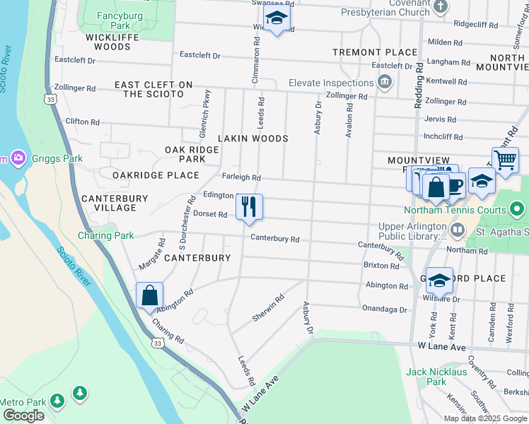 map of restaurants, bars, coffee shops, grocery stores, and more near 2512 Dorset Road in Columbus