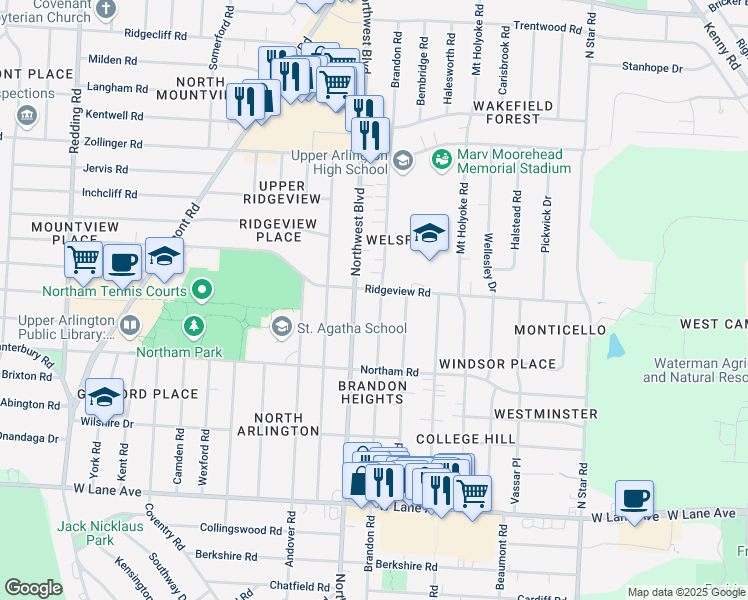 map of restaurants, bars, coffee shops, grocery stores, and more near 2788 Brandon Road in Columbus