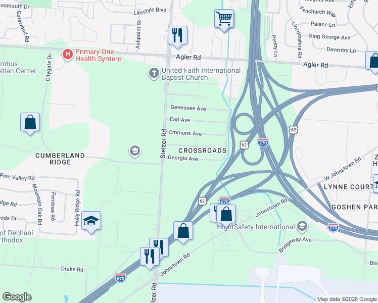 map of restaurants, bars, coffee shops, grocery stores, and more near 3733 Missouri Avenue in Columbus