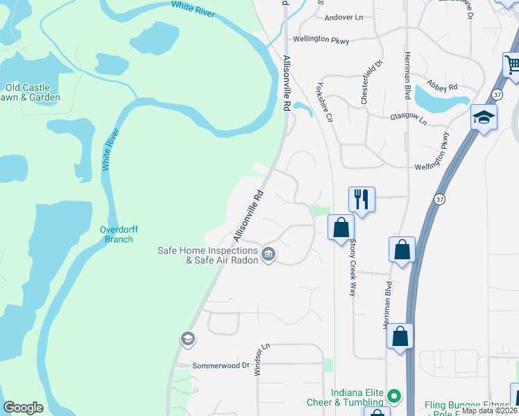 map of restaurants, bars, coffee shops, grocery stores, and more near 105 Downing Court in Noblesville