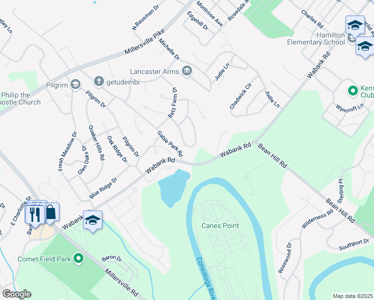map of restaurants, bars, coffee shops, grocery stores, and more near 33 Mill Pond Drive in Lancaster