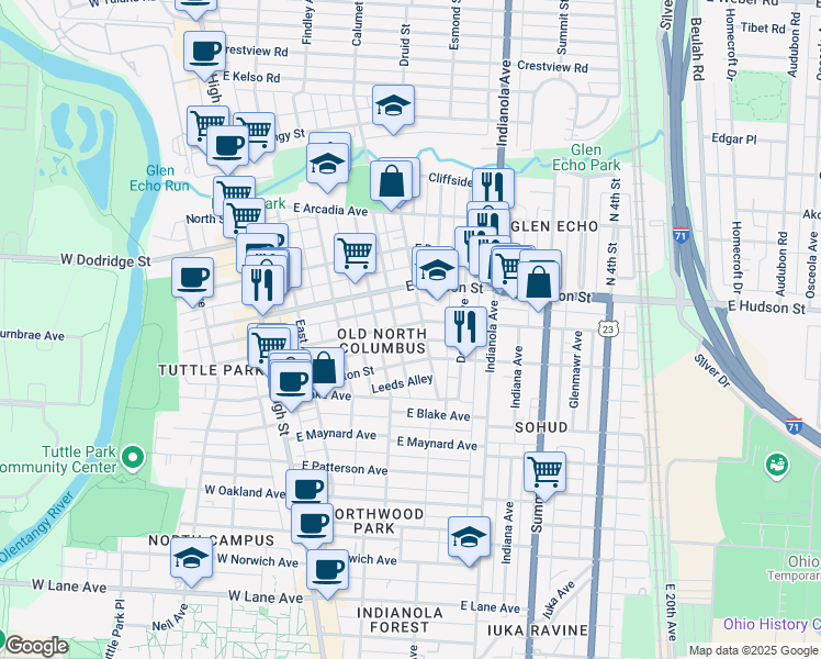 map of restaurants, bars, coffee shops, grocery stores, and more near 205 East Tompkins Street in Columbus