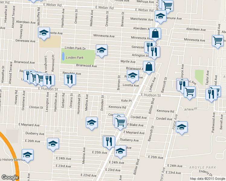 map of restaurants, bars, coffee shops, grocery stores, and more near 1458 East Hudson Street in Columbus