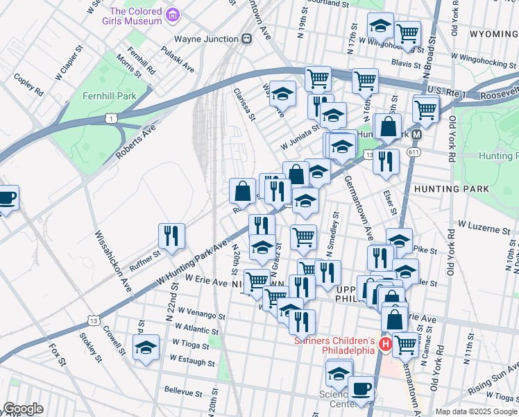 map of restaurants, bars, coffee shops, grocery stores, and more near 3929 Priscilla Street in Philadelphia