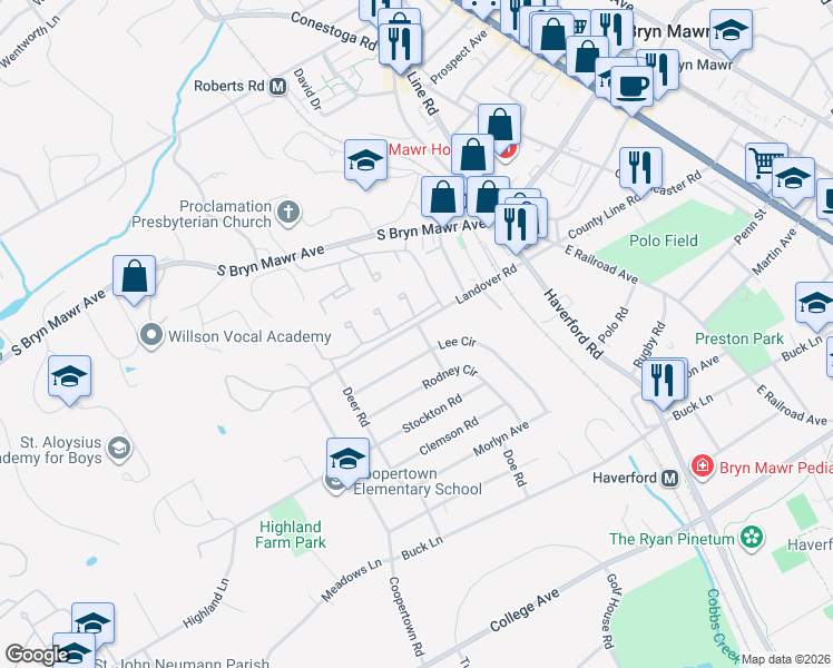 map of restaurants, bars, coffee shops, grocery stores, and more near 137 Landover Road in Bryn Mawr