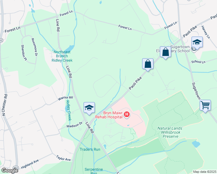 map of restaurants, bars, coffee shops, grocery stores, and more near 29 Fox Ridge Drive in Malvern
