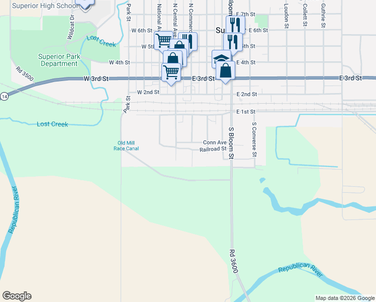 map of restaurants, bars, coffee shops, grocery stores, and more near 327 South Commercial Avenue in Superior