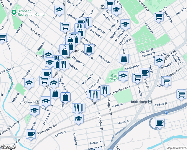 map of restaurants, bars, coffee shops, grocery stores, and more near 4673 Mulberry Street in Philadelphia