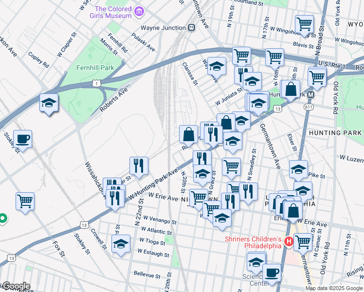 map of restaurants, bars, coffee shops, grocery stores, and more near 3885 Blaine Street in Philadelphia