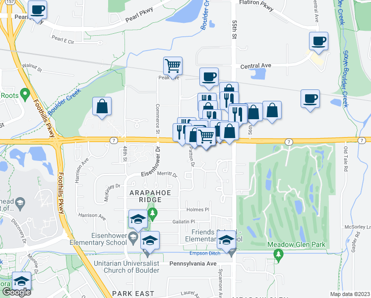 map of restaurants, bars, coffee shops, grocery stores, and more near 1585 Patton Drive in Boulder
