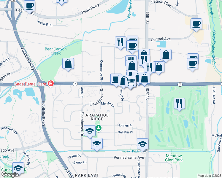 map of restaurants, bars, coffee shops, grocery stores, and more near 1590 Eisenhower Drive in Boulder