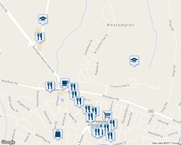 map of restaurants, bars, coffee shops, grocery stores, and more near 5 Ballybunion Court in Westampton