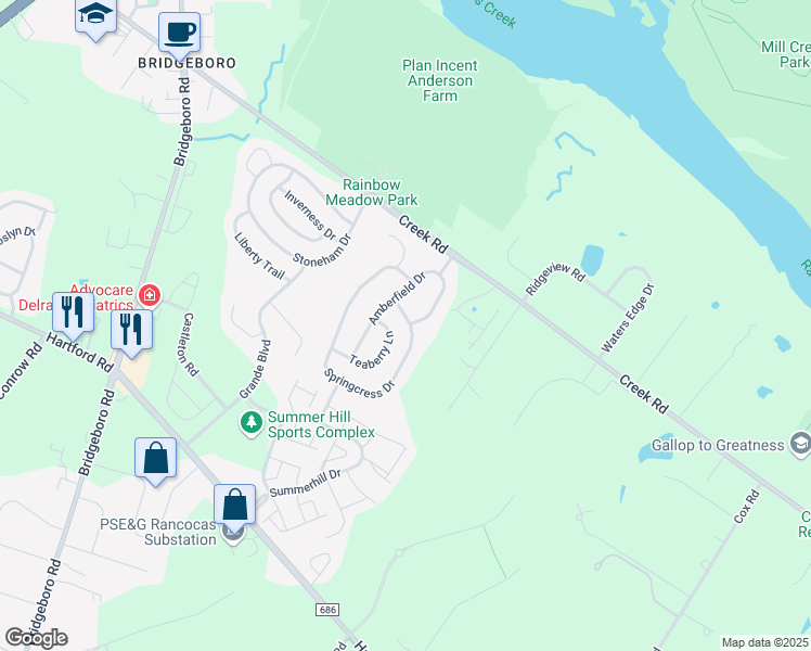 map of restaurants, bars, coffee shops, grocery stores, and more near 73 Springcress Drive in Delran