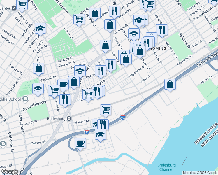 map of restaurants, bars, coffee shops, grocery stores, and more near 2132 Sanger Street in Philadelphia