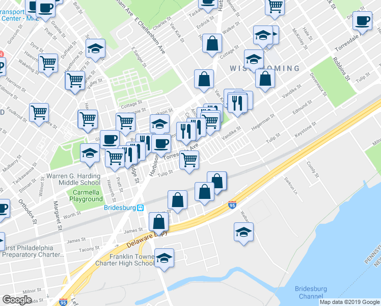 map of restaurants, bars, coffee shops, grocery stores, and more near 5419 Torresdale Avenue in Philadelphia
