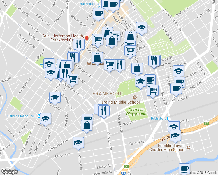map of restaurants, bars, coffee shops, grocery stores, and more near 4709 Tackawanna Street in Philadelphia