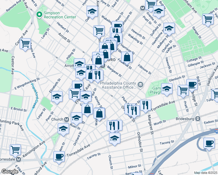 map of restaurants, bars, coffee shops, grocery stores, and more near 1702 Plum Street in Philadelphia