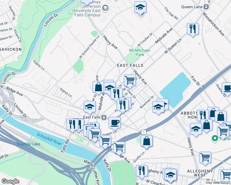 map of restaurants, bars, coffee shops, grocery stores, and more near 3450 West Penn Street in Philadelphia