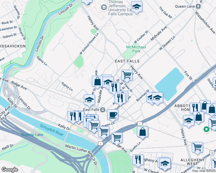 map of restaurants, bars, coffee shops, grocery stores, and more near 3450 West Penn Street in Philadelphia