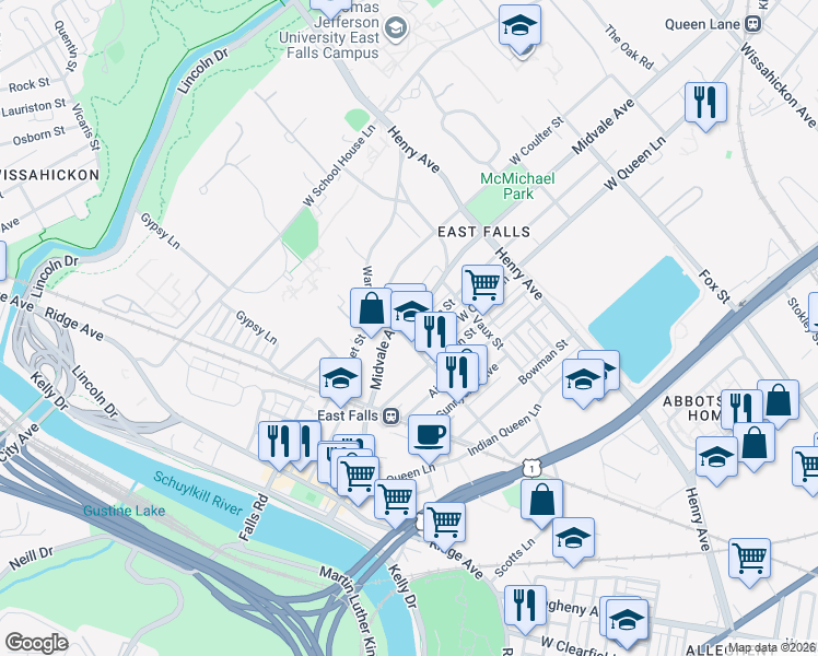 map of restaurants, bars, coffee shops, grocery stores, and more near in Philadelphia