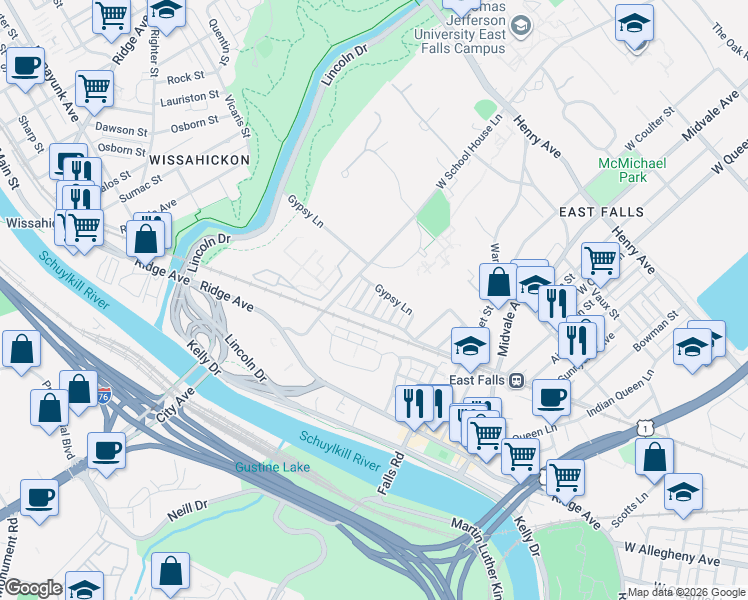 map of restaurants, bars, coffee shops, grocery stores, and more near 3613 Winona Street in Philadelphia