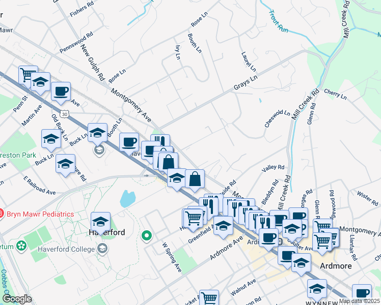 map of restaurants, bars, coffee shops, grocery stores, and more near 101 Cheswold Lane in Haverford