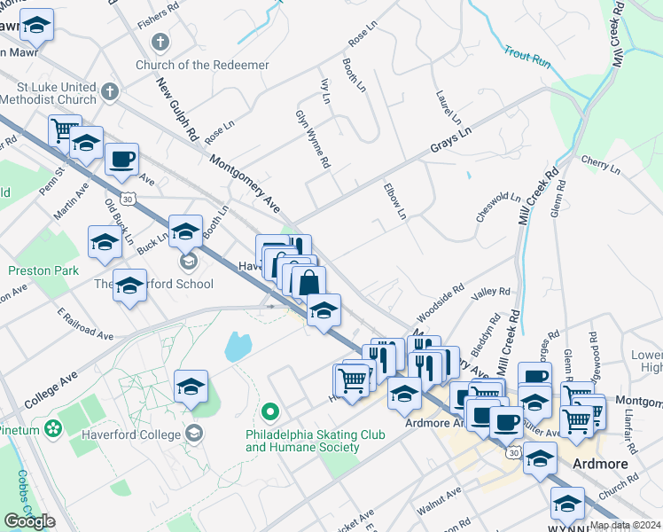 map of restaurants, bars, coffee shops, grocery stores, and more near 268 Montgomery Avenue in Haverford