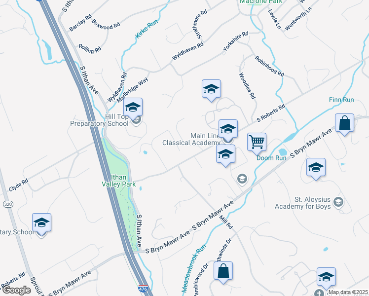 map of restaurants, bars, coffee shops, grocery stores, and more near 600 Portledge Drive in Bryn Mawr