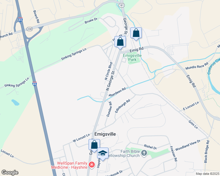 map of restaurants, bars, coffee shops, grocery stores, and more near 3137 North George Street in Emigsville