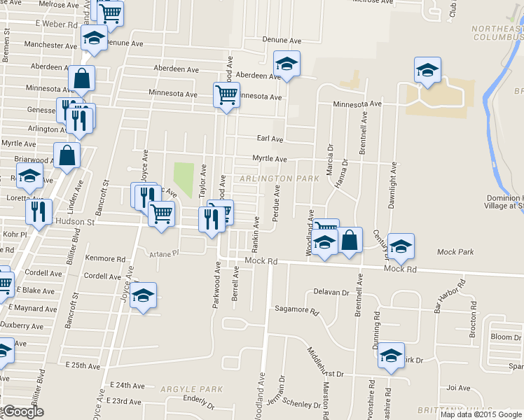map of restaurants, bars, coffee shops, grocery stores, and more near 2066 Loretta Avenue in Columbus