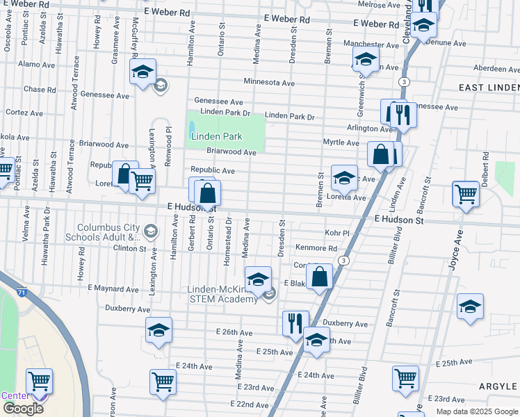map of restaurants, bars, coffee shops, grocery stores, and more near 1348 East Hudson Street in Columbus