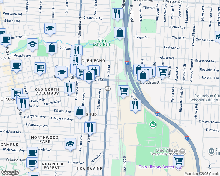 map of restaurants, bars, coffee shops, grocery stores, and more near 477 East Tompkins Street in Columbus