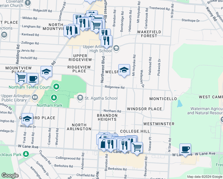 map of restaurants, bars, coffee shops, grocery stores, and more near 2788 Brandon Road in Columbus