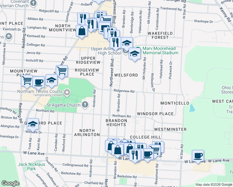 map of restaurants, bars, coffee shops, grocery stores, and more near 2788 Brandon Road in Columbus