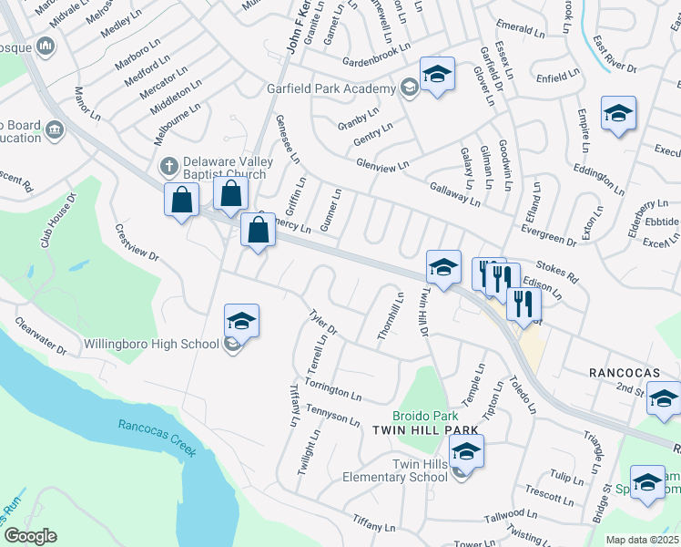 map of restaurants, bars, coffee shops, grocery stores, and more near 40 Trebing Lane in Willingboro