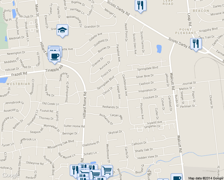map of restaurants, bars, coffee shops, grocery stores, and more near 3050 Bismark Dr in Hilliard